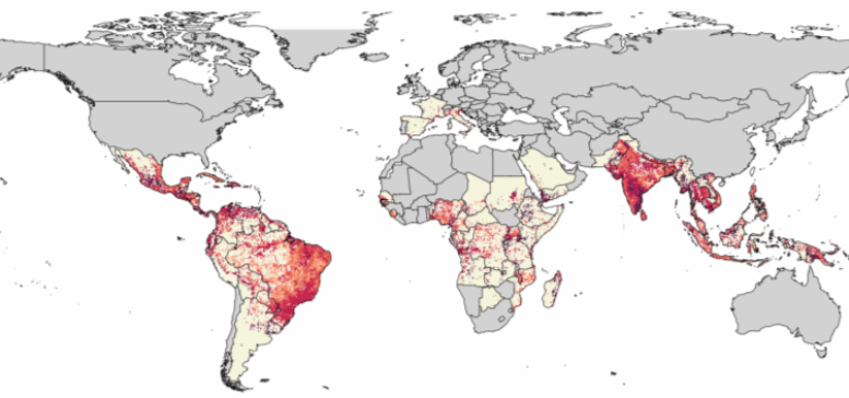 Map showing risk of chikungunya transmission. The darker the shading, the higher the risk. Credit Kang H et al